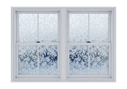 Double hung window with frosted glass panes isolated on transparent background