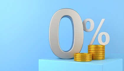 Golden percent symbol with coin stacks on blue gradient