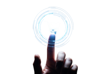 Finger touching a futuristic glowing circle isolated on transparent background