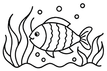 Handdrawn Fish Among Aquatic Plants with Bubbles, Coloring Page Illustration