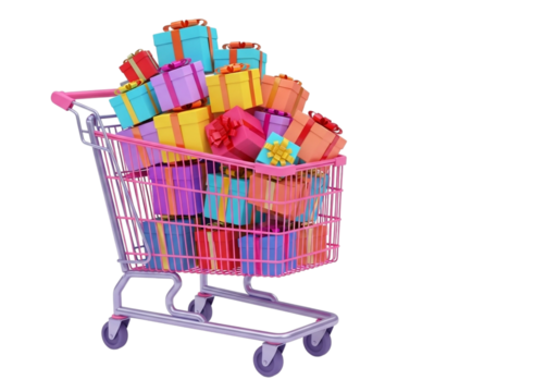 Shopping cart full of gift boxes isolated on transparent background