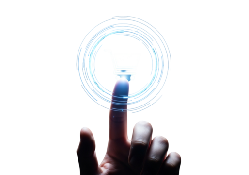 Finger touching a futuristic glowing circle isolated on transparent background