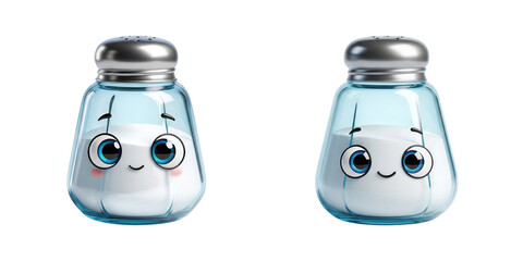 Cartoon salt shakers with expressive smiling faces, transparent blue containers, metallic lids, cheerful eyebrows, animated design, and playful cartoon kitchenware illustrations