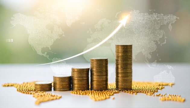 Ascending stacks of gold coins with upward arrow and global financial charts
