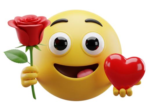 Smiling emoji holding a red rose and a heart isolated on transparent background