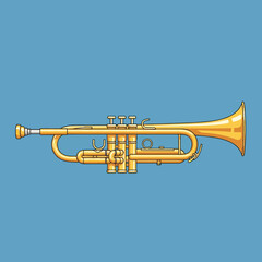 Obraz premium Illustration of a golden trumpet, a brass instrument, on a plain blue background, artistic design