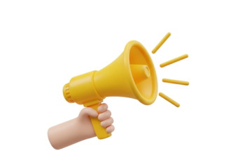 Cartoon hand holding a yellow megaphone isolated on transparent background