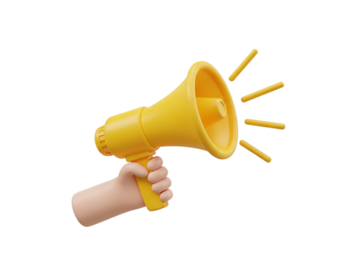 Cartoon hand holding a yellow megaphone isolated on transparent background