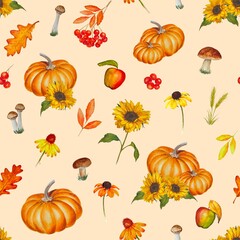 Seamless pattern of watercolor autumn illustrations with pumpkins, sunflowers, mushrooms, berries and leaves isolated on beige background.