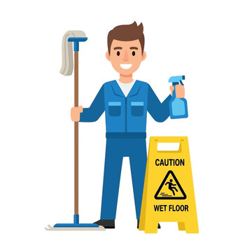 Friendly Janitor, Ready to Clean, Wet Floor Caution