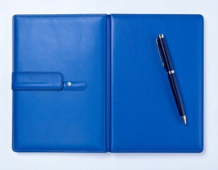 Blue leather-bound notebook with pen