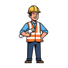 Confident construction professional in safety gear holding project plans, embodying expertise and readiness for building site management and architectural design tasks