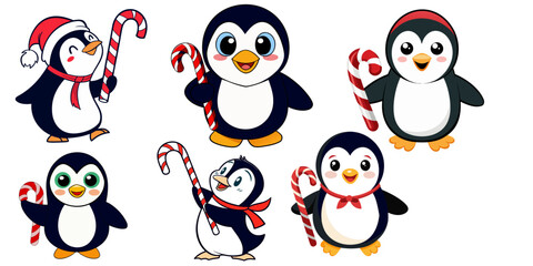Fototapeta premium Cute penguin set vector with candy cane art design