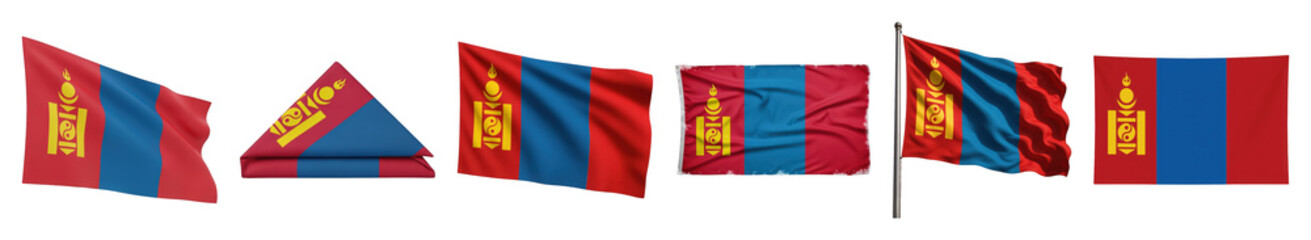 Naklejka premium Mongolian flag set including waving, folded, flat, distressed, and on flagpole states isolated. National symbol collection.