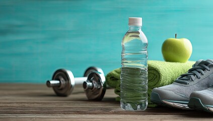 Fitness essentials on a wooden surface, featuring a water bottle, apple, towel, dumbbells, and running shoes.  A teal-colored backdrop provides a vibrant background
