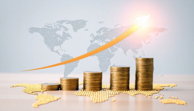 Ascending stacks of gold coins with upward arrow and global financial charts