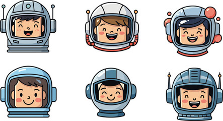 Cartoon kid astronauts with happy faces in space helmets, cute vector characters, smiling boys in astronaut suits, space exploration illustration for children