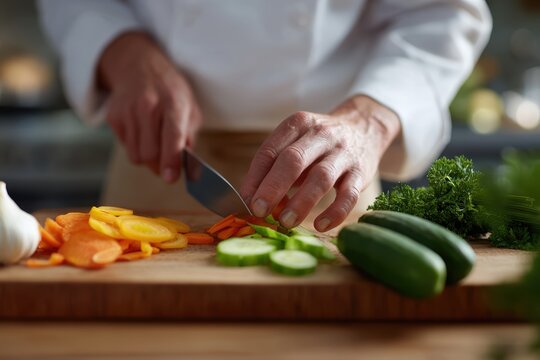 A chef slicing fresh vegetables on a wooden cutting board in a kitchen - Powered by Adobe