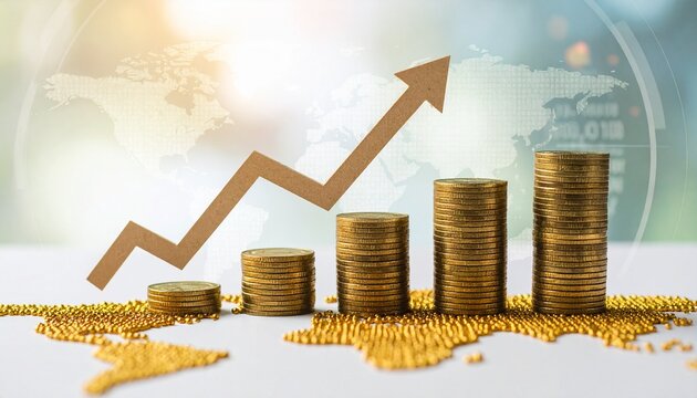 Ascending stacks of gold coins with upward arrow and global financial charts