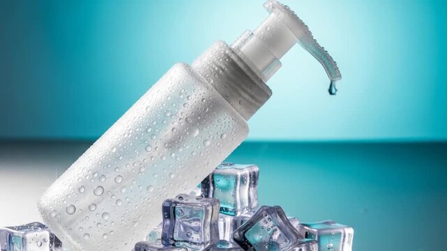 Clear pump bottle with water droplets, surrounded by ice cubes
