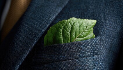 A vibrant green leaf rests in the pocket of a dark navy suit jacket. A tan tie is visible