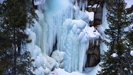A frozen waterfall cascades down a rocky cliff face, surrounded by snowladen pine trees in a winter landscape