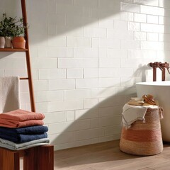 White subway tile bathroom with natural light.  Wooden ladder shelf holds plants, towels.  Rustic basket.  Oval tub