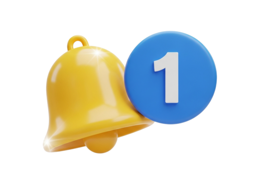 Notification bell with number one isolated on transparent background