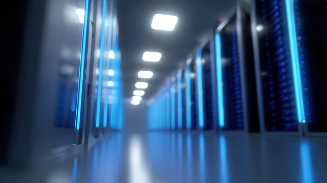A 3D render of a futuristic server room with glowing blue light, symbolizing data processing and cloud technology.
