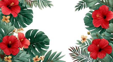 Vibrant Floral Frame with Red Hibiscus and Green Leaves on Transparent Background