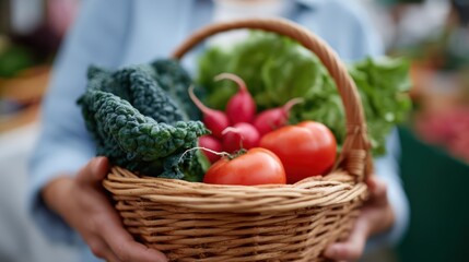 Fototapeta premium A photorealistic shot of a person at a local farmers market, holding a basket of fresh, organic vegetables.