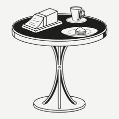 A simple line art illustration of a round black table with a stack of pancakes a coffee cup and saucer and a book or notepad on its surface set against a plain background