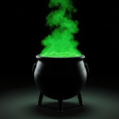 Black cauldron with green bubbling potion and smoke on dark background  