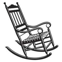 A classic black and white silhouette of a vintage wooden rocking chair with a woven seat poised for relaxation and comfort on a white background