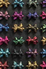 Colorful geometric bows arranged in a grid pattern
