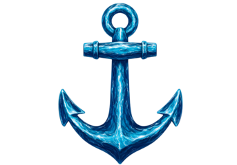 stylized blue anchor with glossy texture and water droplets isolated on transparent background