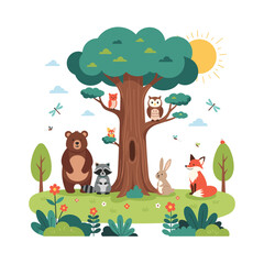 Fototapeta premium Cute forest animals gathered together under a big green tree on a sunny day