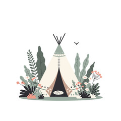 Bohemian style teepee tent nestled among lush greenery and delicate wildflowers