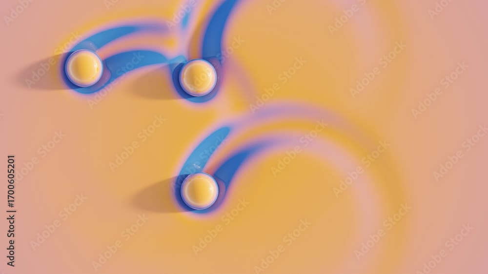 Poster orange 3d spheres rolling on soft liquid orange surface leaving blue traces generate surreal abstrac