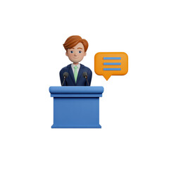 Cartoon character stands on a blue podium and gives a speech, transparent background