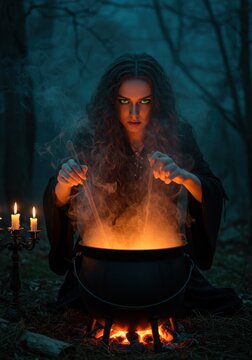 Dark-haired woman performing magic over cauldron in enchanted forest  