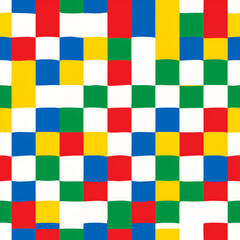 Seamless Retro Checkerboard Pattern with Wavy Red, Blue, Green and Yellow Squares on White Background for Fun Pop Art Design