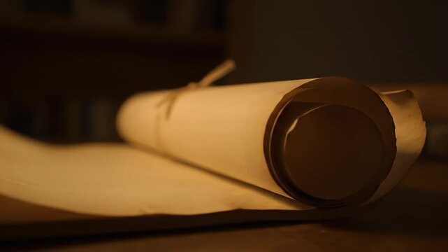 Old Scroll Unfurling with Tied Ribbon in Warm, Dim Lighting for Ancient Document Concept
