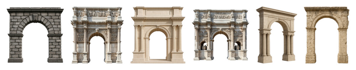 Architectural arches set including ancient, classical, stone, and weathered archways isolated. Historical design elements.