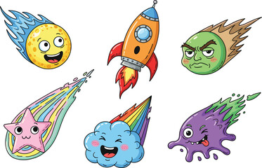 Cute cartoon space elements, expressive comets and rockets, funny star and cloud characters, colorful meteor designs, vector cosmic emojis, playful outer space illustration