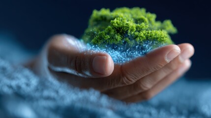 A conceptual image of environmental protection, with a hand holding a small, glowing tree in a digital landscape.