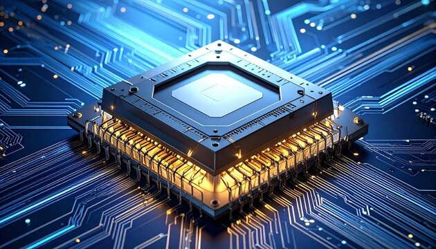 CPU chip on motherboard with glowing circuitry