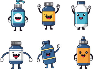 Cute happy medicine bottles cartoon characters, smiling healthcare vector illustration, pharmaceutical product mascots, adorable medicine container icons, health and wellness design