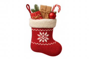 Christmas stocking full of gifts with transparent background