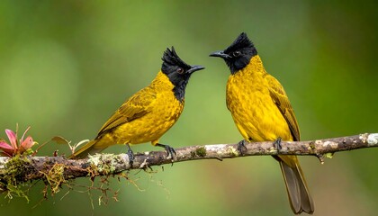 Two yellow birds on a branch